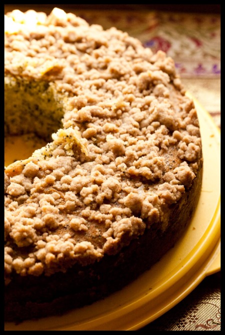 Poppy seed coffee cake with cardamom streusel topping